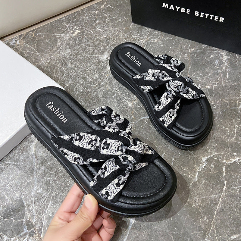 Platform sandals and thick-soled sandals for women, summer new arrivals, european and american style, retro floral print, trendy one-strap sandals for women