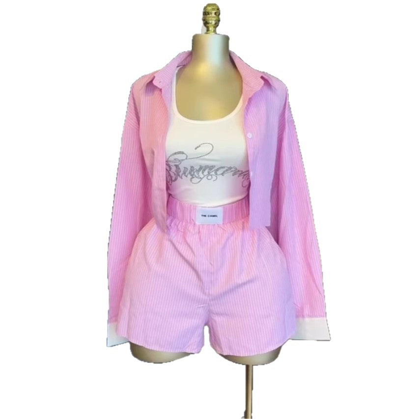 European and american cross-border women's fashion:  summer new arrival - elegant and stylish striped long-sleeve shirt and wide-leg shorts casual set