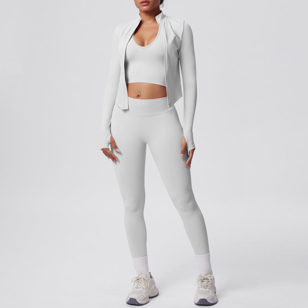 New solid color knitted compression seamless yoga set - quick-dry, breathable, outdoor casual running & fitness 3-piece set