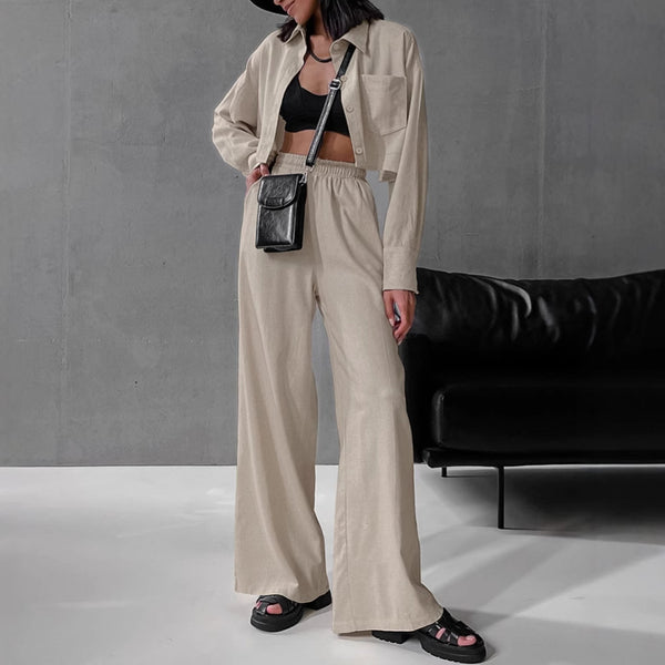 2024 European and American autumn simple casual and comfortable linen suit khaki long-sleeved shirt wide-leg trousers two-piece set