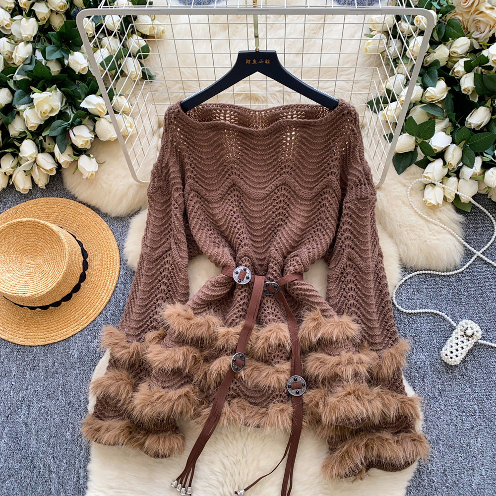 Pure desire hot girl heavy industry fur patchwork cut outlong sleevesknittingtops women's fashion straps waist classysensesweater
