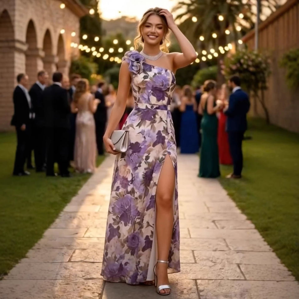 e-commerce amazon 2026 new summer slim-fit, waist-defining, one-shoulder, printed, slit maxi dress