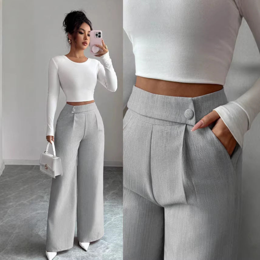spring/summer new arrival: women's pink high-waisted trousers with button-decorated waist patch – elegant, casual, and versatile