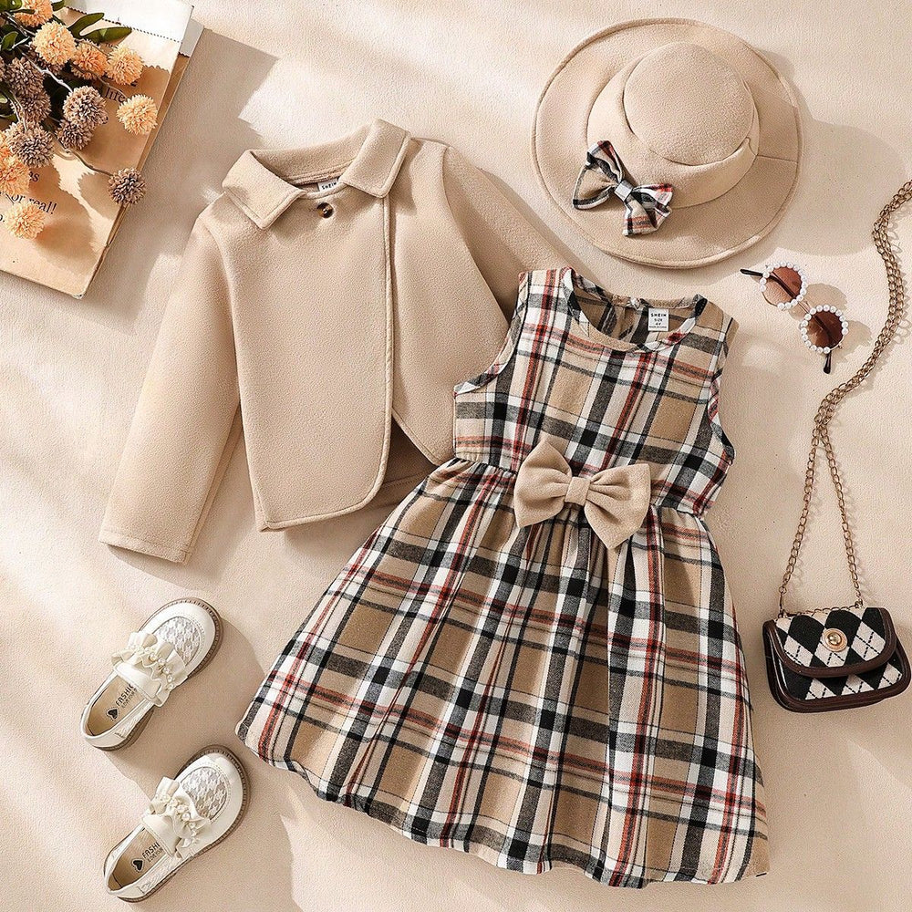 exclusive supply of elegance woolen outwear + plaid a-skirt + bow hat fall and wintergirlsuit three-piece set