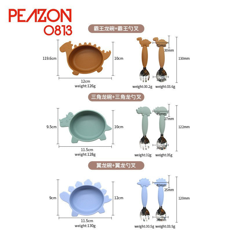 Cross-border hot-selling silicone dinosaur bowls and spoons, Mengqu non-slip tableware two-piece set, baby complementary food silicone bowls and spoons wholesale