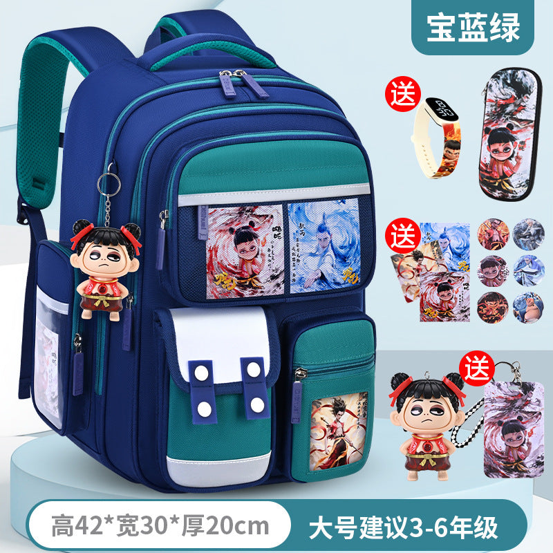 New nezha backpack for boys and girls, grades 1-6: spine protection, lightweight design, and extra-large capacity