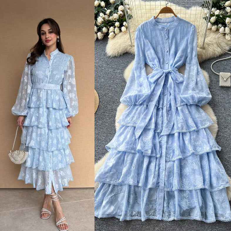 French chic lace patchwork tie-waist ruffle hem dress - women's autumn slimming elegant maxi dress