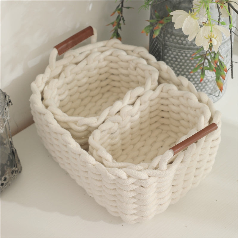 Leather handle twin sundries with handle cotton rope woven storage basket size cosmetics lipstick storage box eyeshadow
