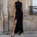 Aliexpress  cross-border e-commerce  autumn/winter new arrival: semi-high neck sleeveless cinched waist ruched slit maxi dress