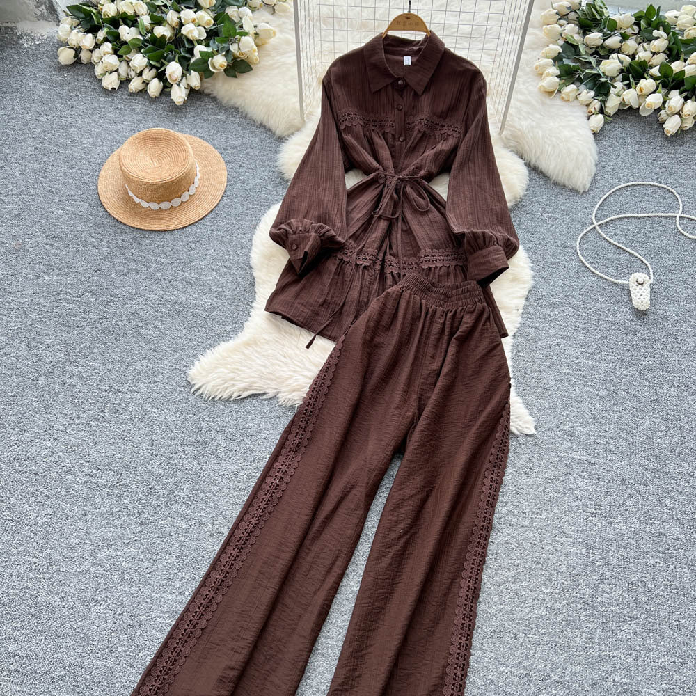 Frenchretro young ladysuit women's summer lantern sleeve shirt + elastic waist slimming look wide leg drapedpants