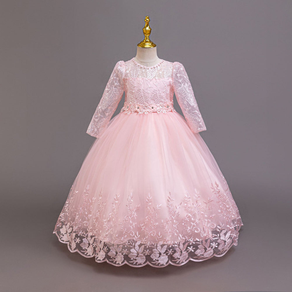 Export ready-to-ship long-sleeved children's formal dress, lace princess dress for girls, flower girl piano recital dress, girl dress