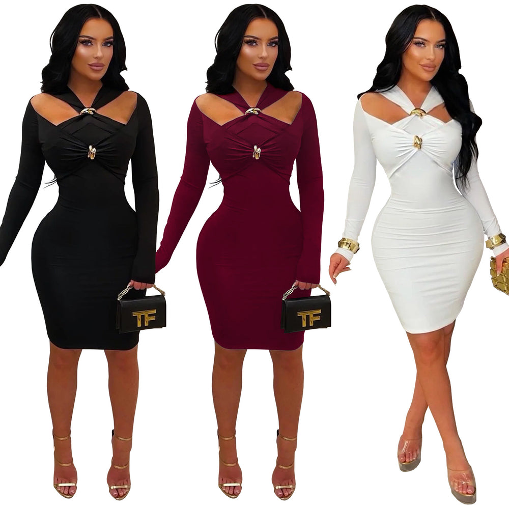 C7627 cross-border   fashion women's off-the-shoulder bodycon mini dress - elegant solid color