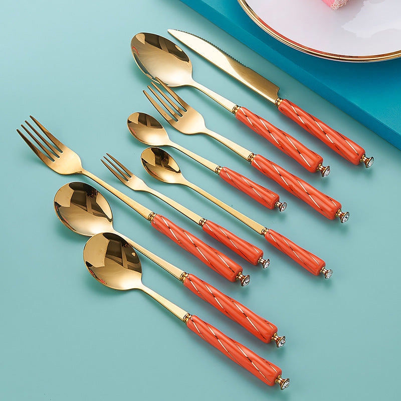 Amazon stainless steel cutlery set - creative ceramic stainless steel coffee spoon, fruit fork, dark green knife, fork, and spoon