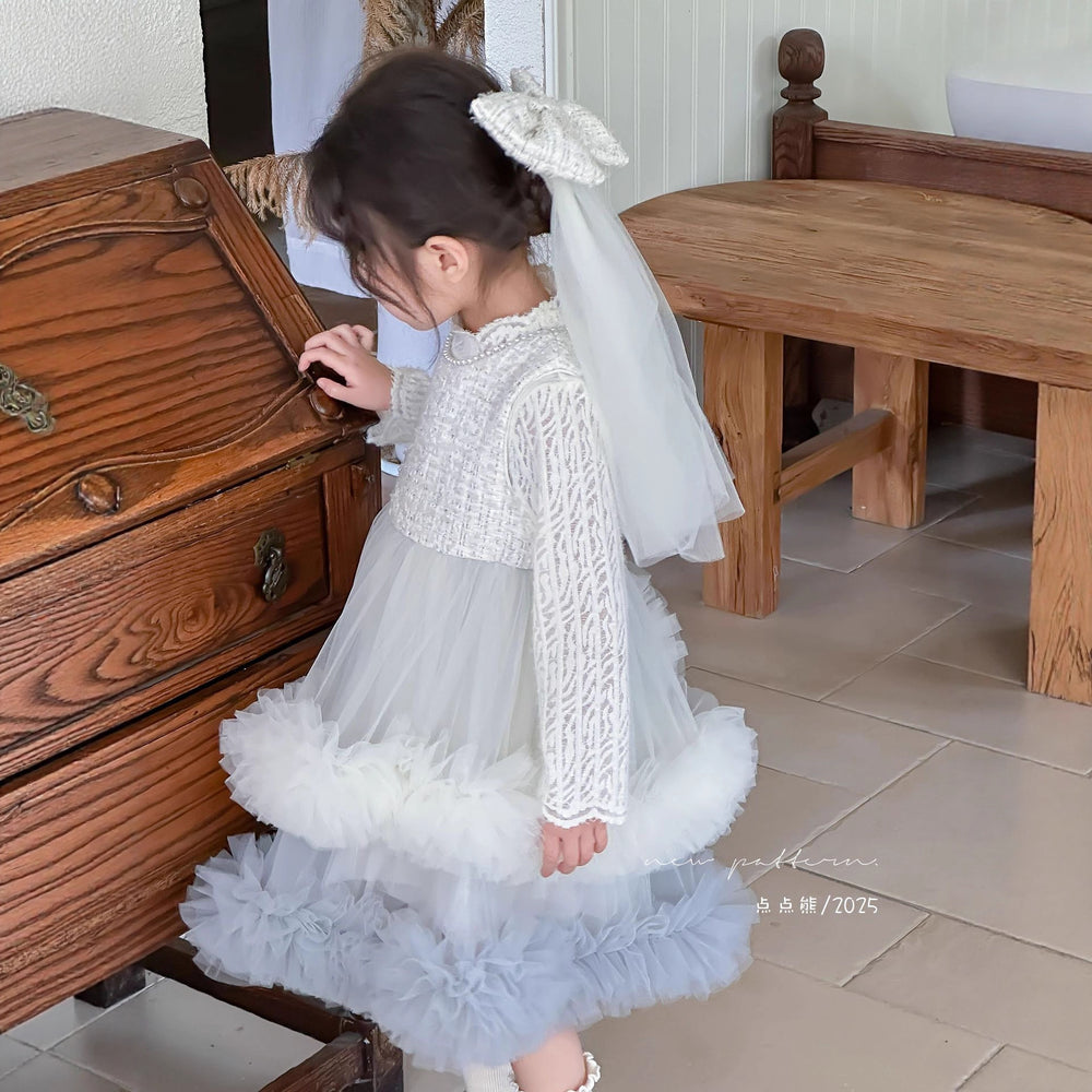 Girls' dress  autumn new collection: chanel-inspired tweed vest dress with lace-trimmed top and mesh skirt set
