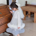 Girls' dress  autumn new collection: chanel-inspired tweed vest dress with lace-trimmed top and mesh skirt set