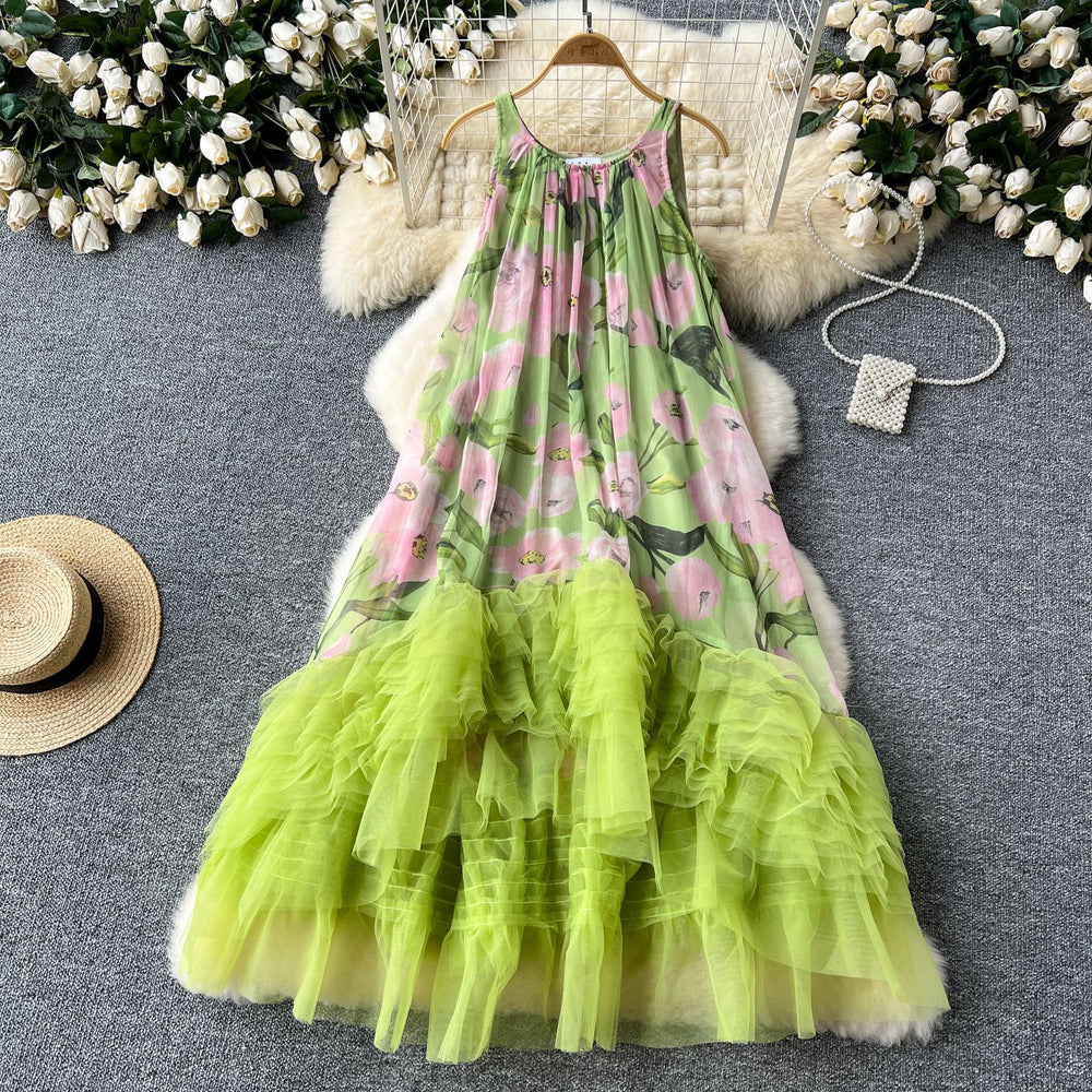 French retro court style fashionable printed patchwork mesh puffy irregular ruffle hem dress for women