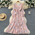 French retro v-neck long sleeve floral chiffon dress - women's  autumn collection - cinched waist, elegant ruffle hem maxi dress