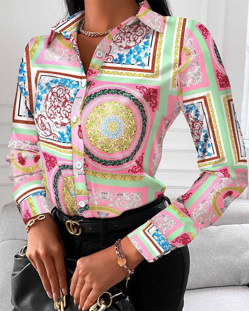 Spot 2022 European and American  women's clothing  spring and autumn shirts independent station  long-sleeved printed shirt