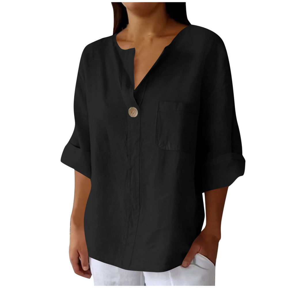 cross-border fashion summer new loose t-shirt women's v neck cotton and linen button tops