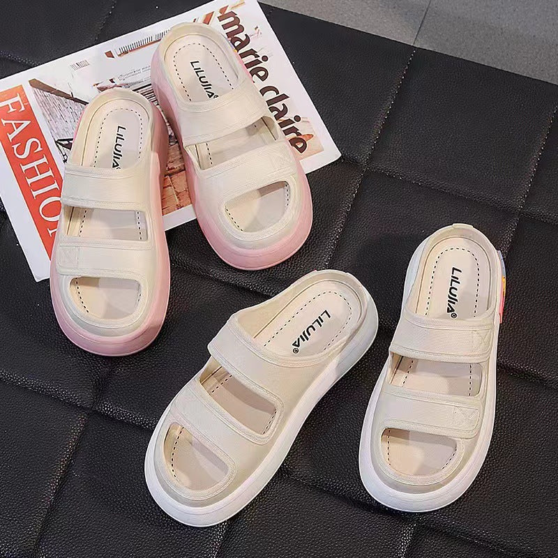 Women's slippers for outdoor wear, 2025 new fairy style sandals, trendy versatile platform slides, cloud-like comfort, thick-soled beach shoes