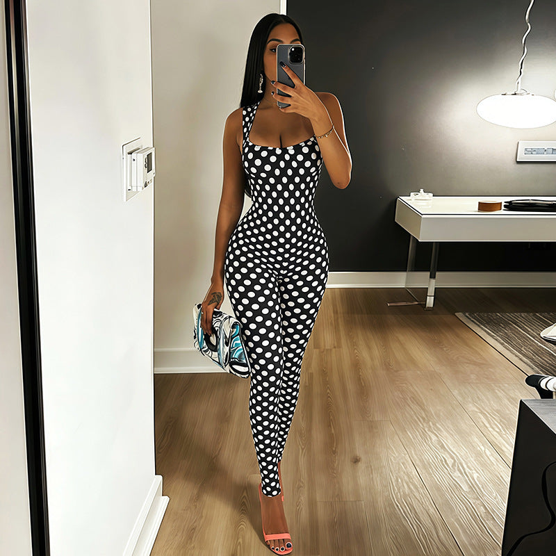 European and american style foreign trade black and white polka dot women's slim-fit printed sporty jumpsuit - figure-flattering wrap-bust trendy bodysuit