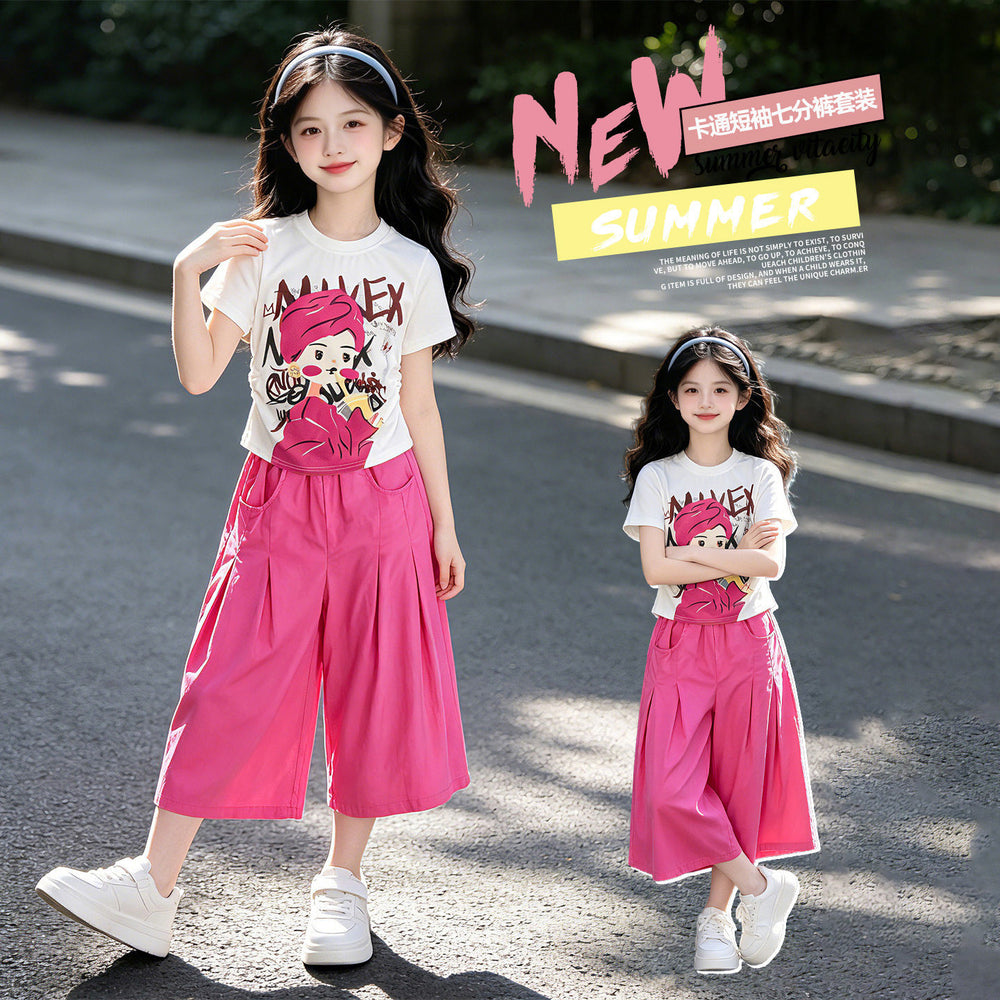 Girls' summer lightweight outfit  new korean style wide-leg pants two-piece set for big girls and toddlers - stylish kids' set