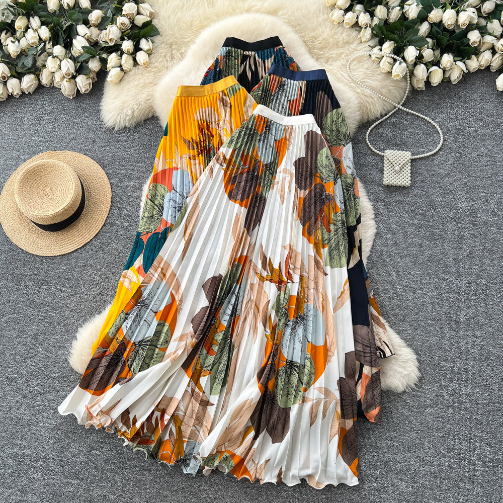 Vintage print pleated elastic waist fashion skirt - women's high-waisted a-line skirt - commute-friendly, flowy maxi skirt for summer