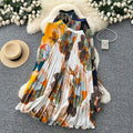Vintage print pleated elastic waist fashion skirt - women's high-waisted a-line skirt - commute-friendly, flowy maxi skirt for summer