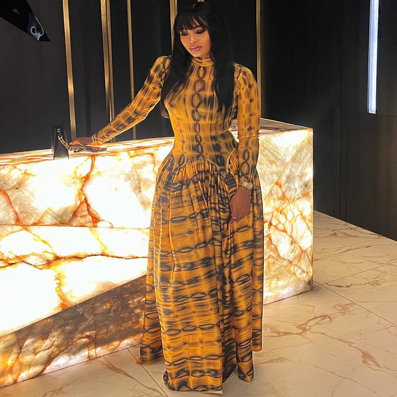 European and American  women's clothing 2025 autumn new fashion temperament semi-turtleneck long-sleeved waist printed long dress dress