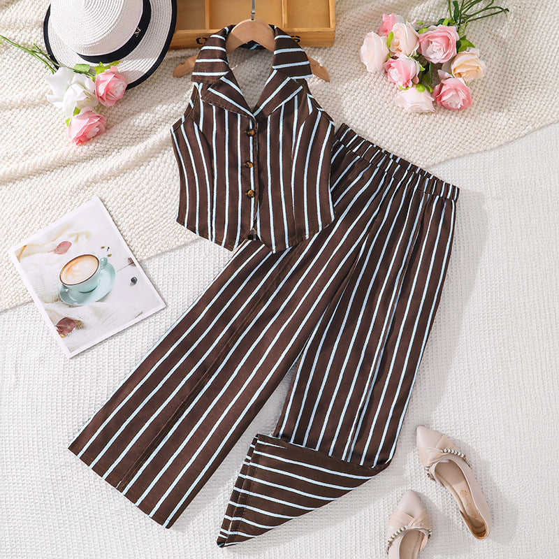 Girls' summer outfit set : new cross-border style - minimalist color block striped halter sleeveless vest top and pants