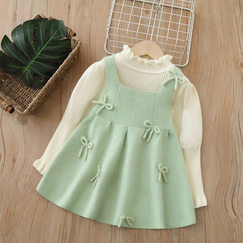 Baby girl knit sweater bowknot suspender set - new  autumn/winter two-piece dress set for girls