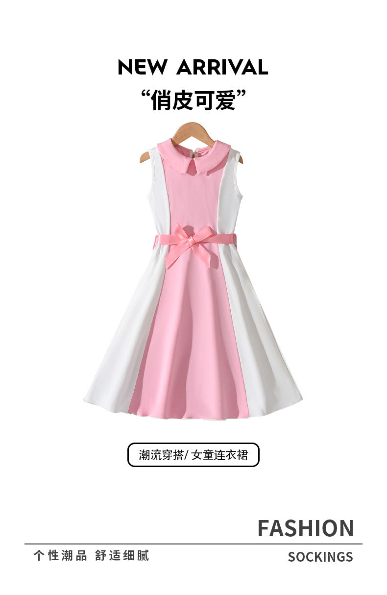 Exportsummergirldress pink and white vertical strip patchwork sleeveless lapel waist large hem long skirt kids princess dress