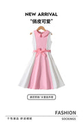 Exportsummergirldress pink and white vertical strip patchwork sleeveless lapel waist large hem long skirt kids princess dress