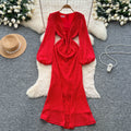 French chic v-neck patchwork lantern sleeve printed dress - slim fit, elegant, long mermaid skirt