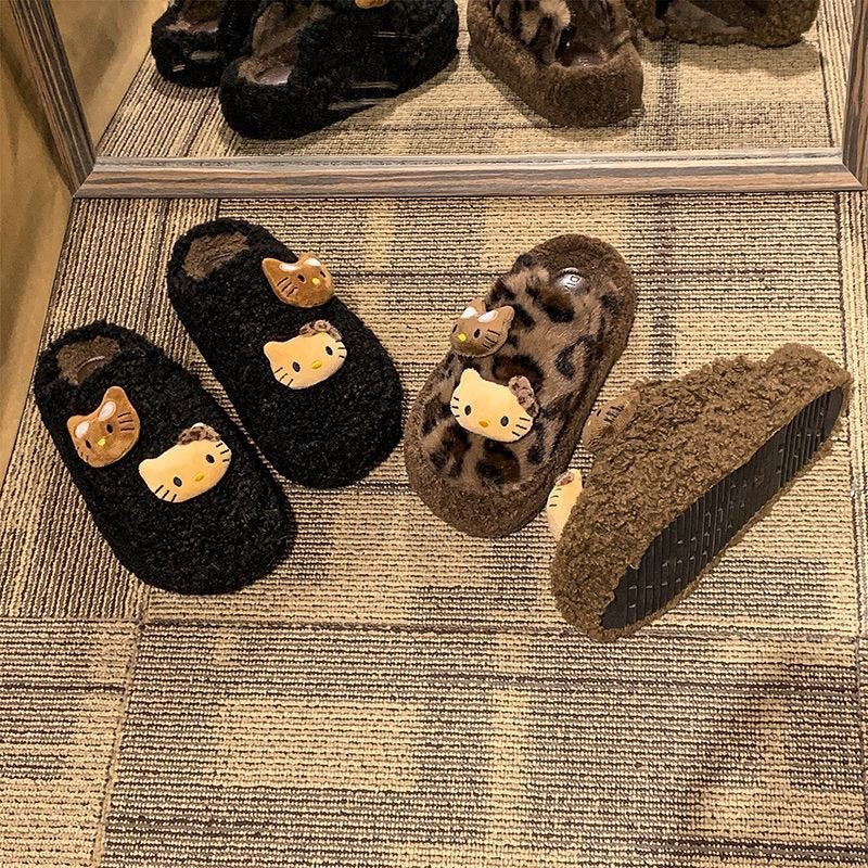 Cute cat fuzzy slippers for women, autumn/winter outdoor wear, 2025 new thick-soled closed-toe half slippers, height-increasing, fleece-lined cotton slippers