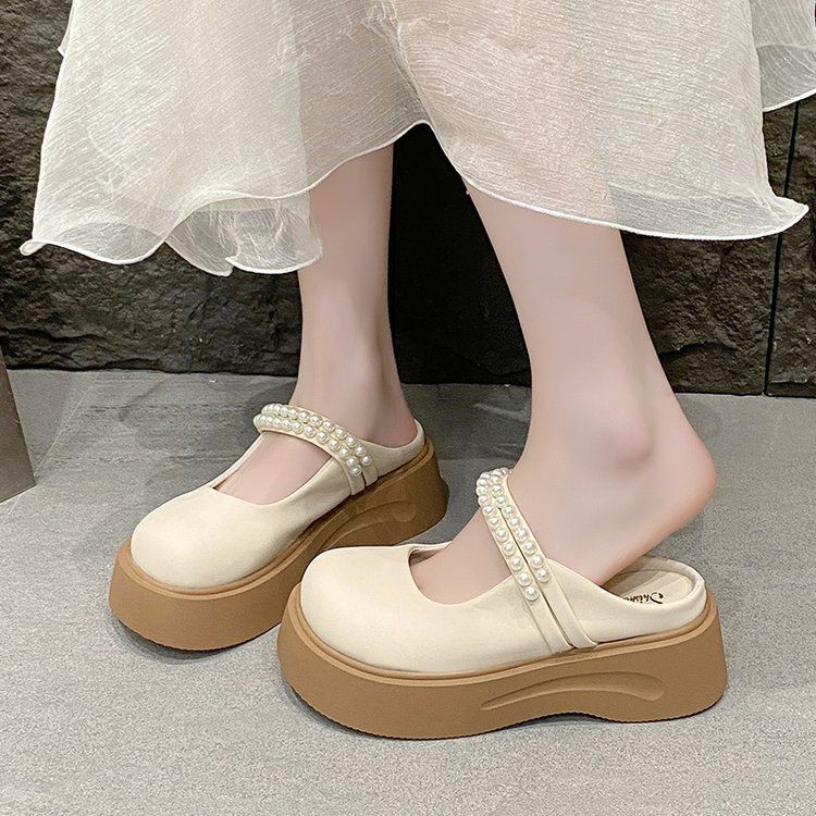 2025 spring/summer new french-style closed-toe mules - women's pearl-embellished platform mary jane slides, perfect for outdoor wear