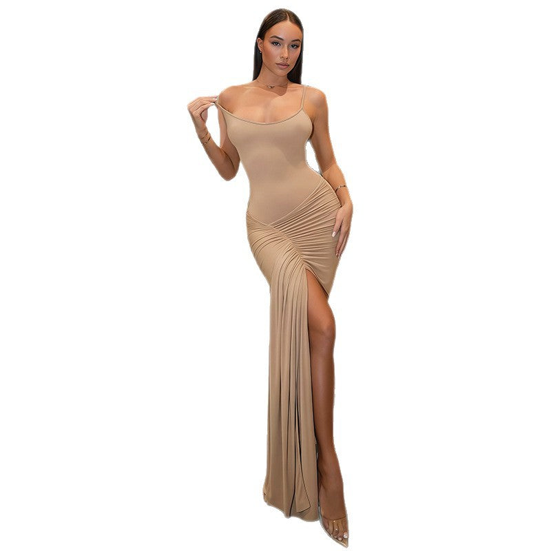 European and american women's clothing  summer new arrival: spaghetti strap low-cut solid color irregular pleated sexy slim-fit slit dress