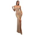 European and american women's clothing  summer new arrival: spaghetti strap low-cut solid color irregular pleated sexy slim-fit slit dress