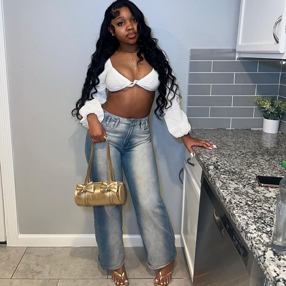 European and american style women's casual jeans - new  cross-border women's fashion streetwear trendy washed monkey straight-leg jeans