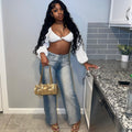 European and american style women's casual jeans - new  cross-border women's fashion streetwear trendy washed monkey straight-leg jeans