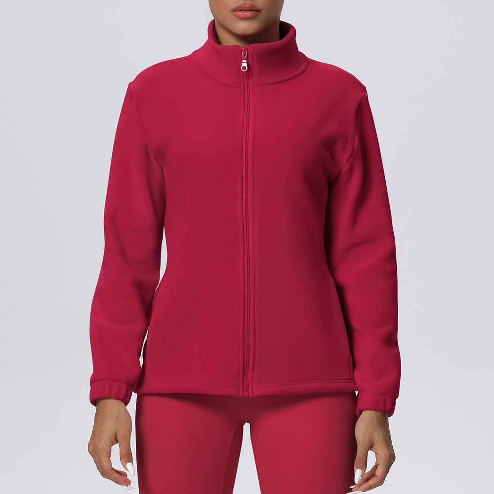New women's solid color fleece-lined pocket stand collar zip-up casual sports jacket for running, fitness, and yoga