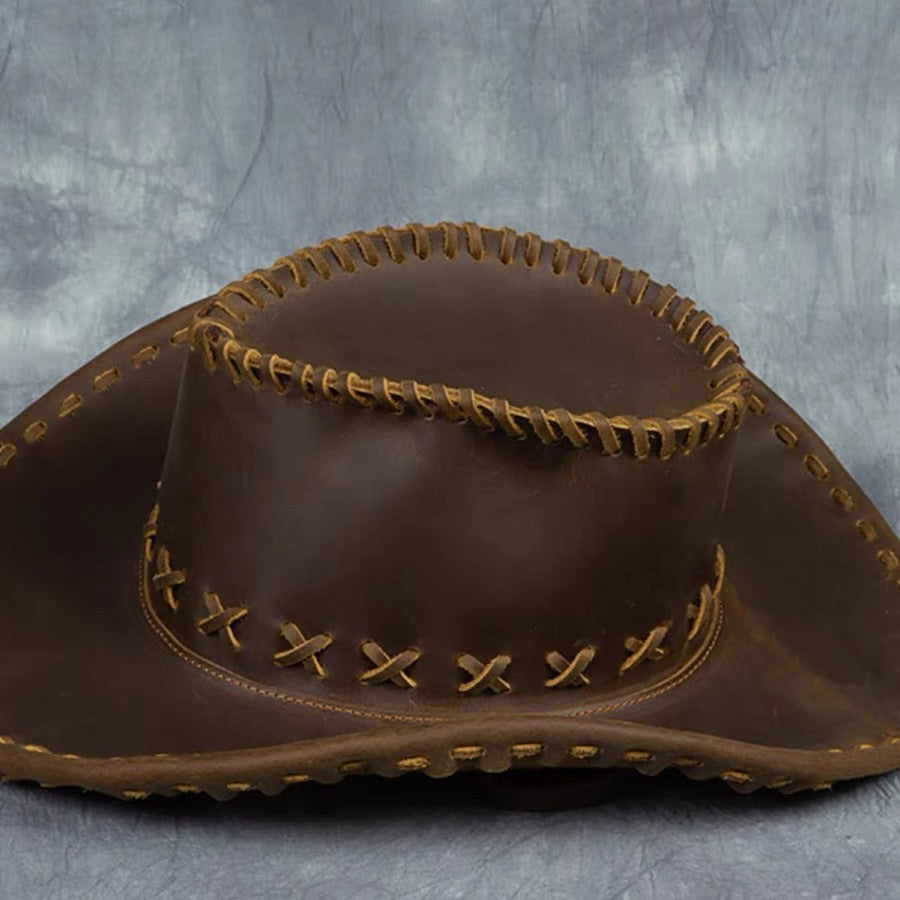 Handmade pure cowhide western cowboy hat crazy horse leather outdoor harley casual hat genuine leather men sunshade knight hat