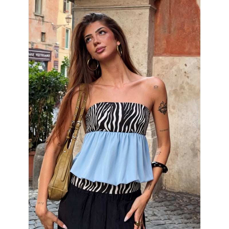 Amazon women's clothing  summer new fashion american hot girl off-the-shoulder bandeau zebra print color block tank top