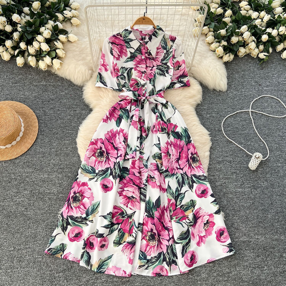 French chic elegant printed dress - women's summer  tie-waist slimming collared short sleeve shirt dress
