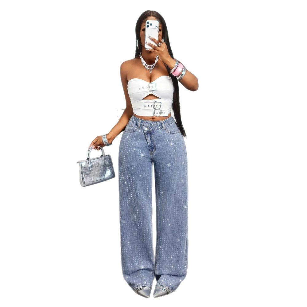 Fashionjeans women's high waist diagonal placket hot diamond sparkling diamond decoration loosedrapedloose pants moppants