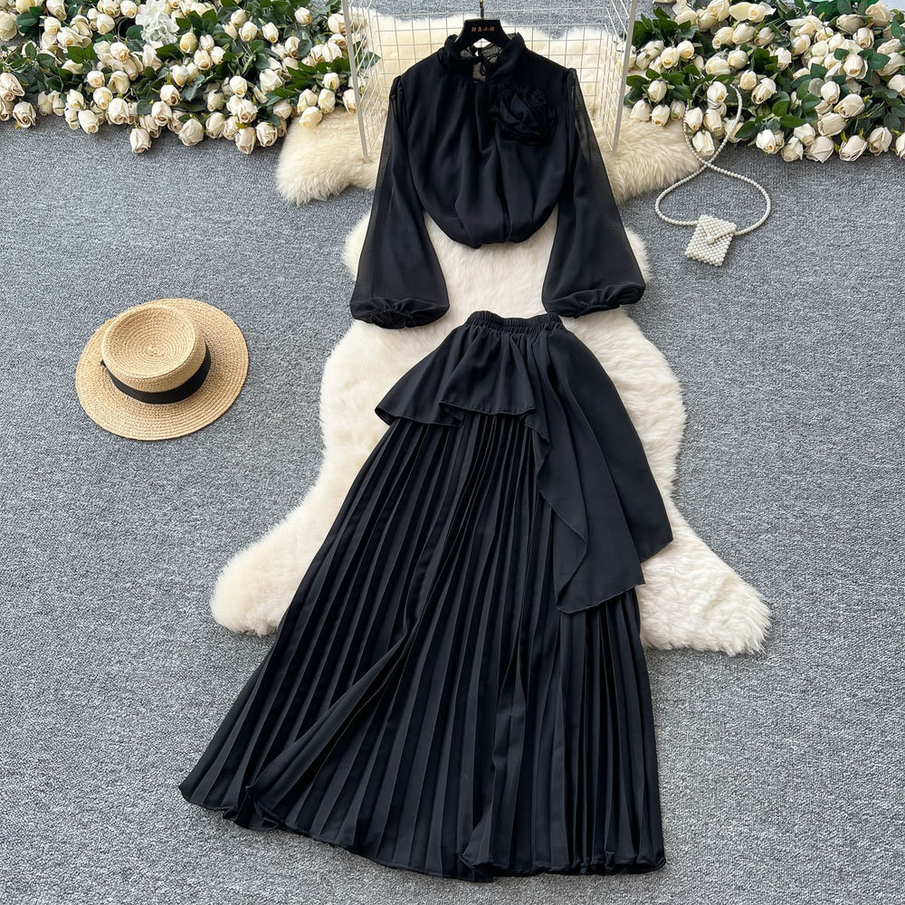 Classy suit women's light mature style elegantstereo flower lantern sleeve chiffon shirt asymmetrical pleated skirt