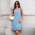 European and american cross-border e-commerce  independent website summer round neck ruffle hem back button straight leg denim skirt