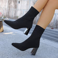 Plus sizeslimming look flying woven high-heeled fashion boots for women cross-border autumnew arrival pointed thick heel short socks boots 43