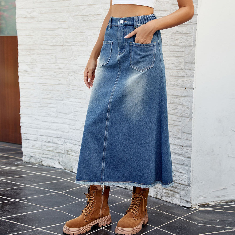 European and american cross-border foreign trade women's spring and summer new  independent station washed raw edge denim skirt mid-length skirt