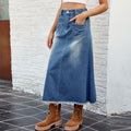 European and american cross-border foreign trade women's spring and summer new  independent station washed raw edge denim skirt mid-length skirt